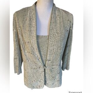 Jeanne Alexander Women’s 2pc Top Size Large Green/white Sequins 3/4 Sleeve